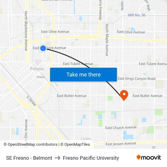 SE Fresno - Belmont to Fresno Pacific University map