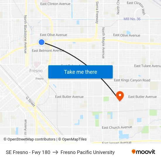 SE Fresno - Fwy 180 to Fresno Pacific University map