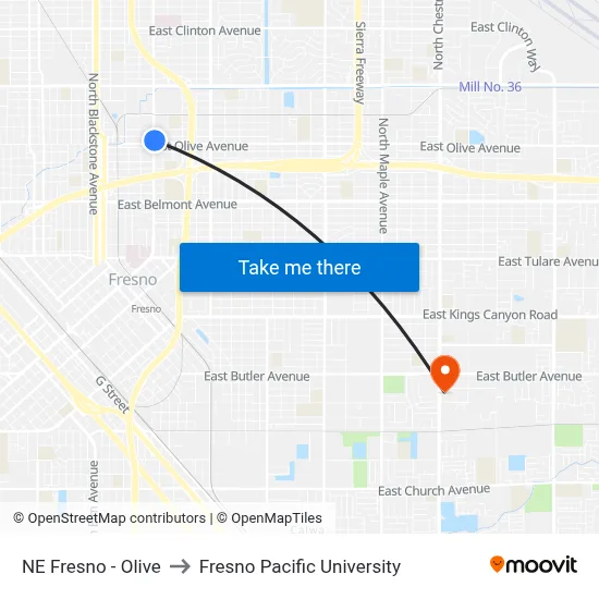 NE Fresno - Olive to Fresno Pacific University map