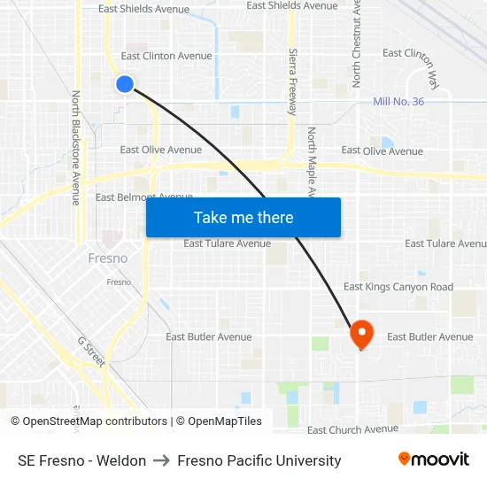SE Fresno - Weldon to Fresno Pacific University map