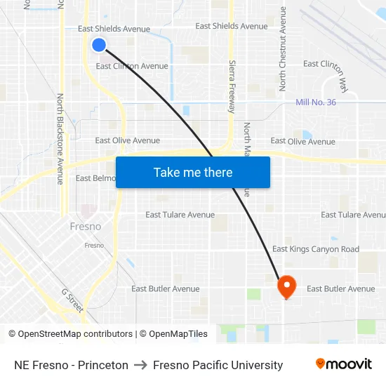 NE Fresno - Princeton to Fresno Pacific University map