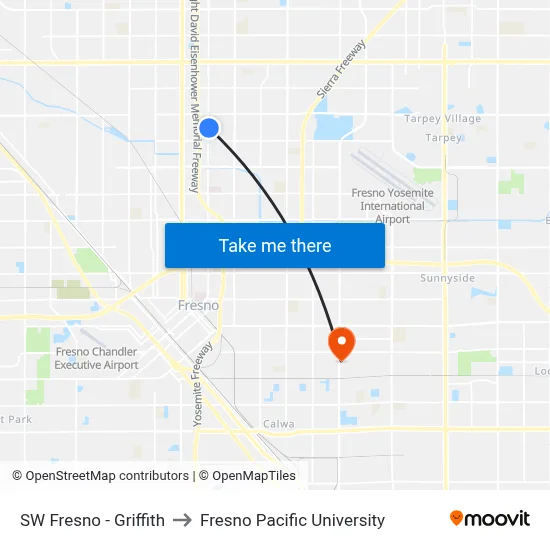 SW Fresno - Griffith to Fresno Pacific University map