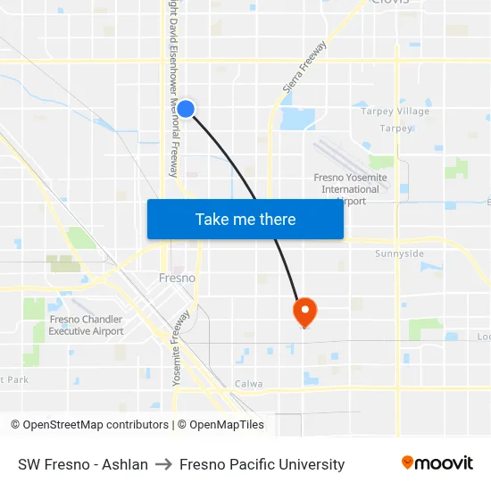 SW Fresno - Ashlan to Fresno Pacific University map