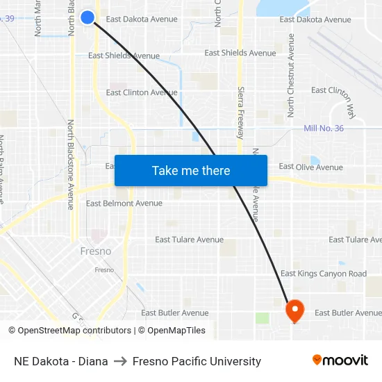 NE Dakota - Diana to Fresno Pacific University map