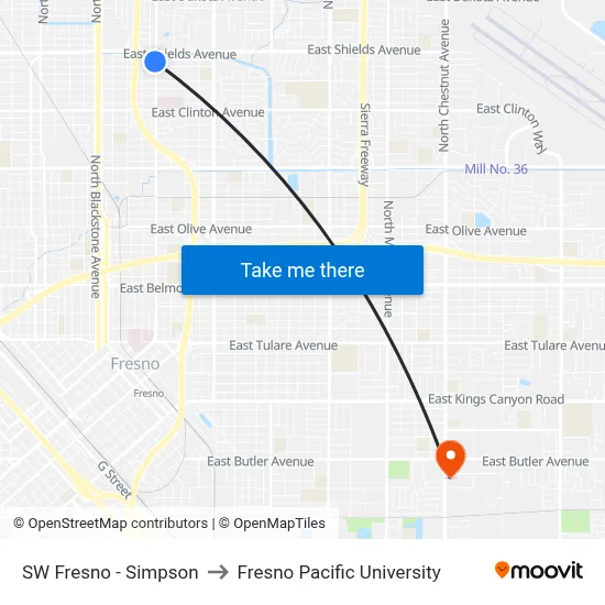 SW Fresno - Simpson to Fresno Pacific University map
