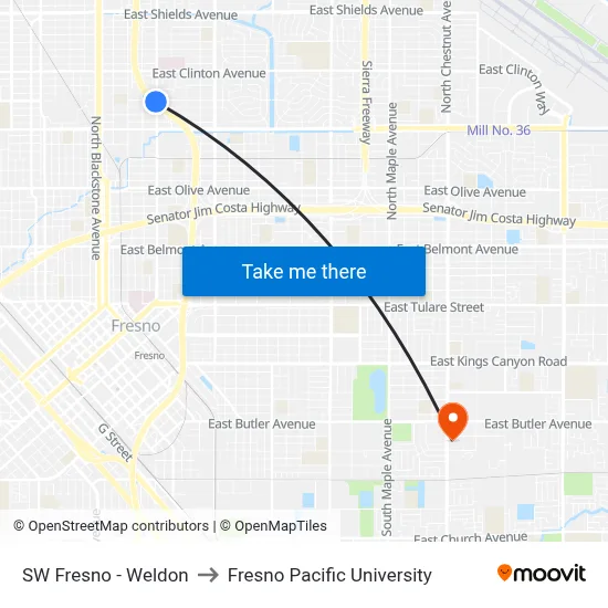 SW Fresno - Weldon to Fresno Pacific University map