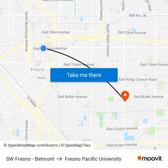 SW Fresno - Belmont to Fresno Pacific University map
