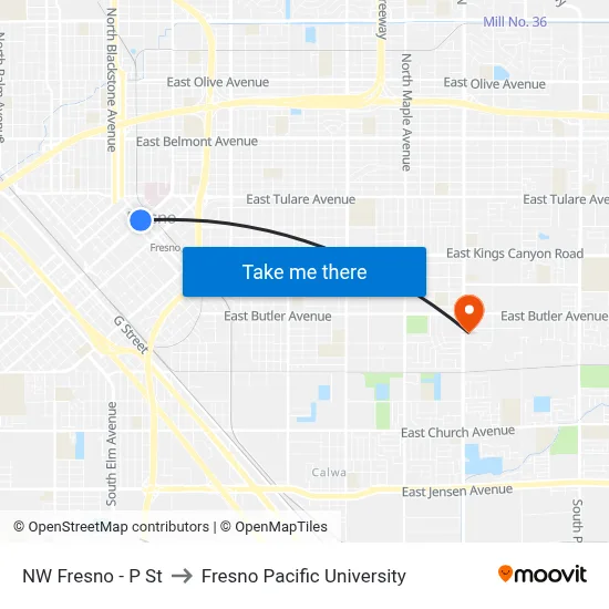NW Fresno - P St to Fresno Pacific University map
