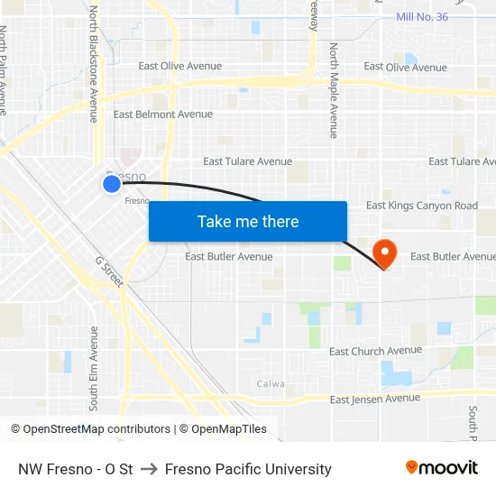 NW Fresno - O St to Fresno Pacific University map