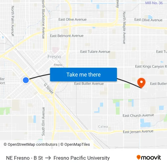 NE Fresno - B St to Fresno Pacific University map