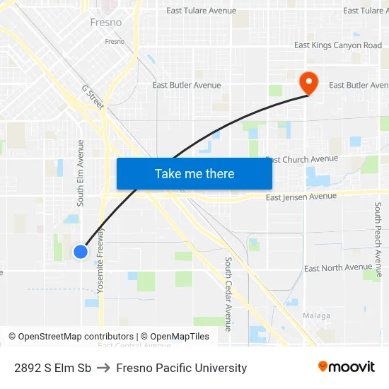 2892 S Elm Sb to Fresno Pacific University map