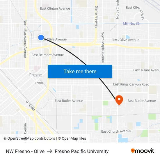 NW Fresno - Olive to Fresno Pacific University map