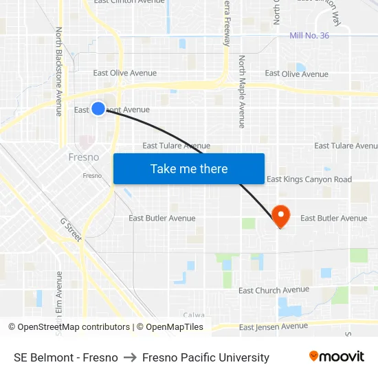 SE Belmont - Fresno to Fresno Pacific University map