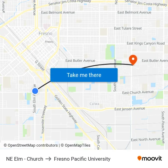 NE Elm - Church to Fresno Pacific University map
