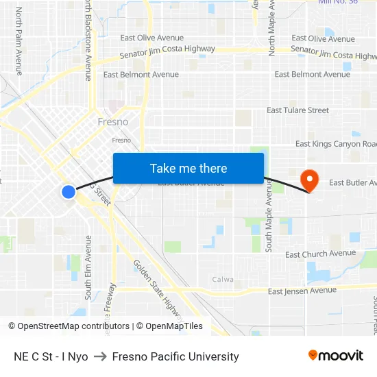 NE C St - I Nyo to Fresno Pacific University map