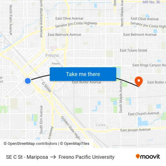 SE C St - Mariposa to Fresno Pacific University map