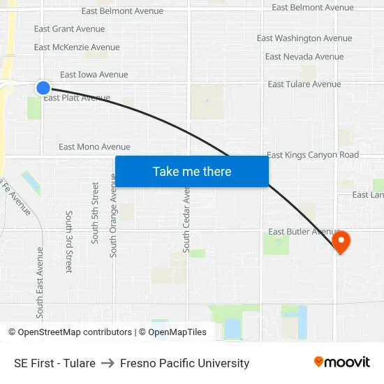 SE First - Tulare to Fresno Pacific University map