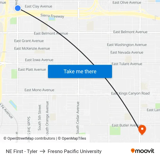 NE First - Tyler to Fresno Pacific University map