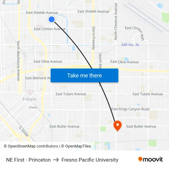 NE First - Princeton to Fresno Pacific University map