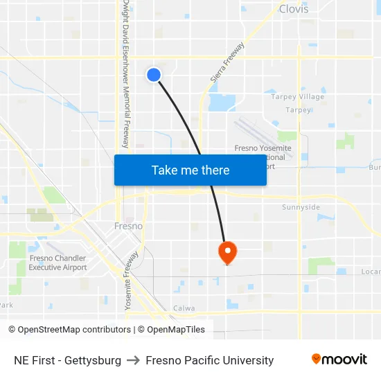 NE First - Gettysburg to Fresno Pacific University map