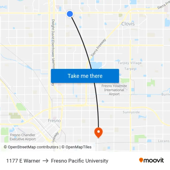 1177 E Warner to Fresno Pacific University map