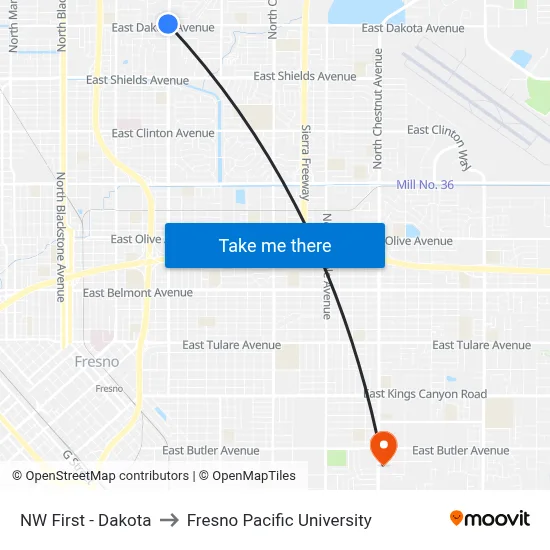NW First - Dakota to Fresno Pacific University map