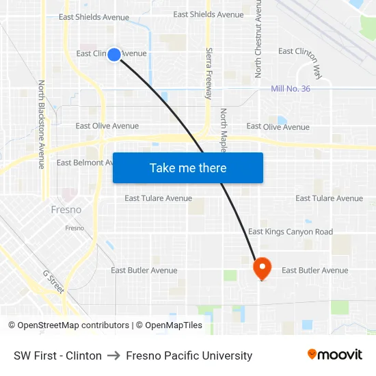 SW First - Clinton to Fresno Pacific University map