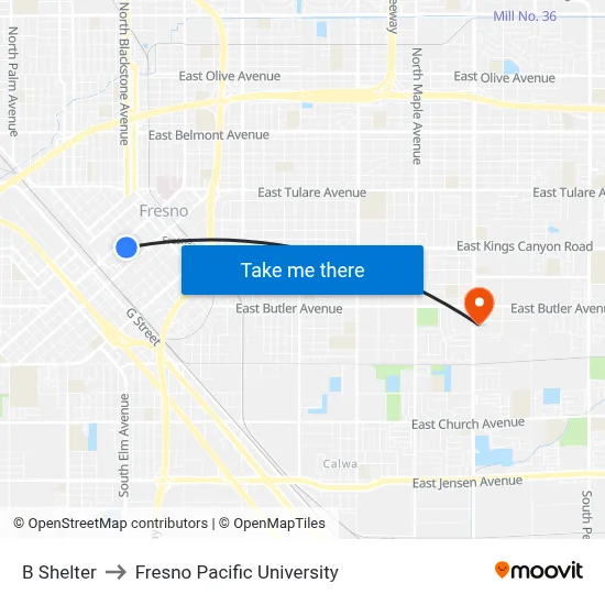 B Shelter to Fresno Pacific University map