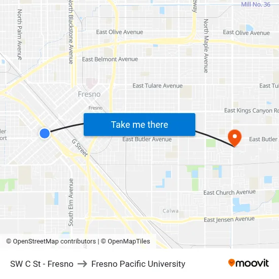 SW C St - Fresno to Fresno Pacific University map