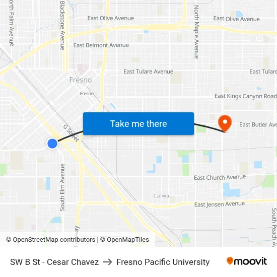 SW B St - Cesar Chavez to Fresno Pacific University map