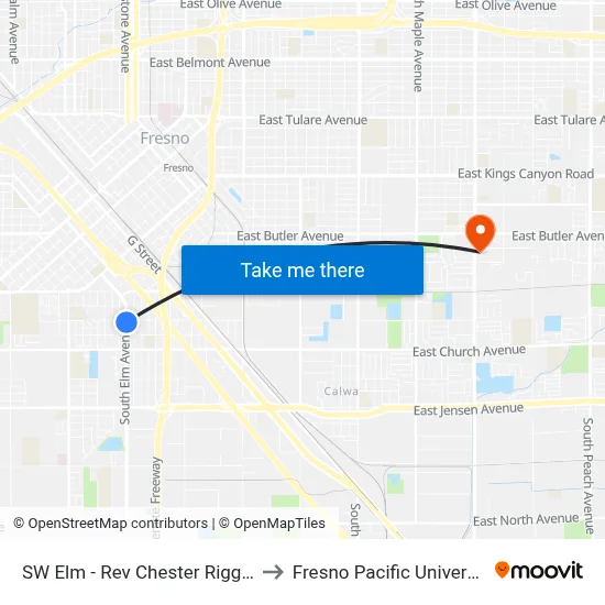 SW Elm - Rev Chester Riggins to Fresno Pacific University map