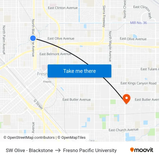SW Olive - Blackstone to Fresno Pacific University map