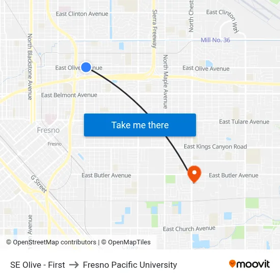 SE Olive - First to Fresno Pacific University map
