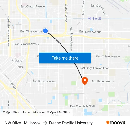 NW Olive - Millbrook to Fresno Pacific University map