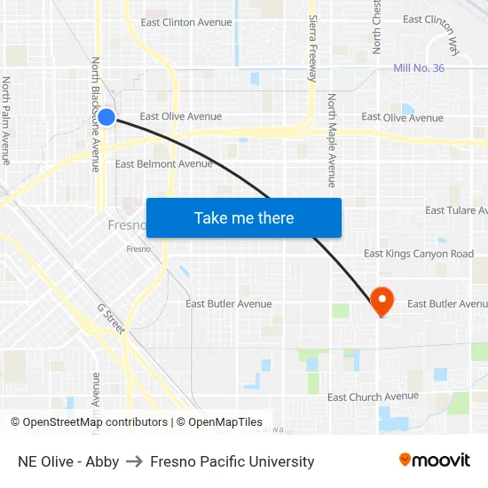 NE Olive - Abby to Fresno Pacific University map