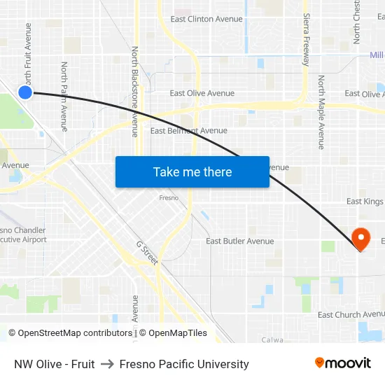 NW Olive - Fruit to Fresno Pacific University map