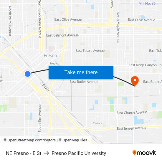 NE Fresno - E St to Fresno Pacific University map