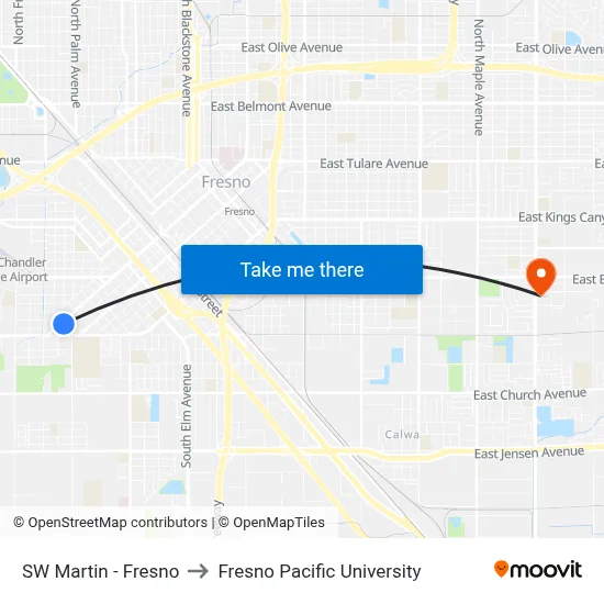 SW Martin - Fresno to Fresno Pacific University map