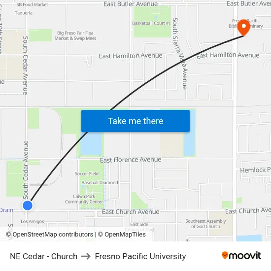 NE Cedar - Church to Fresno Pacific University map