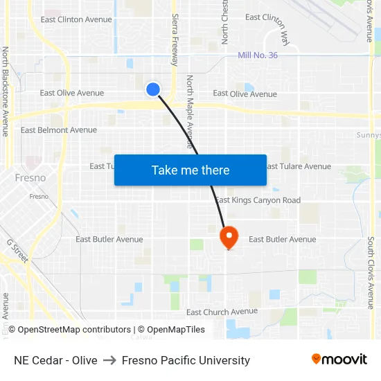 NE Cedar - Olive to Fresno Pacific University map