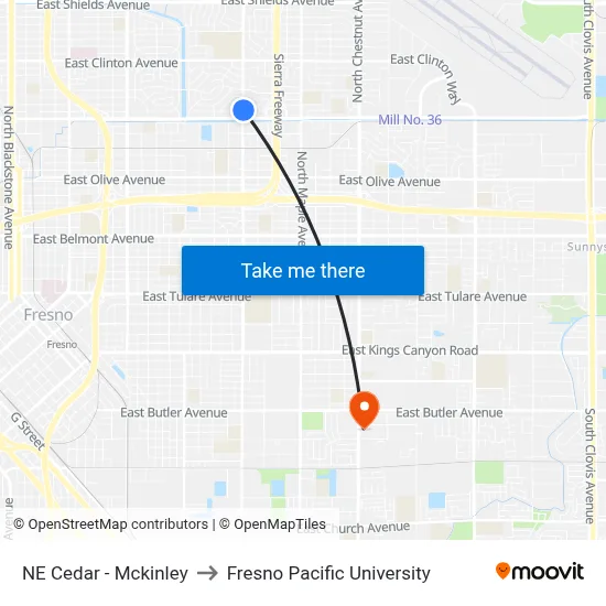 NE Cedar - Mckinley to Fresno Pacific University map