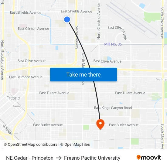 NE Cedar - Princeton to Fresno Pacific University map
