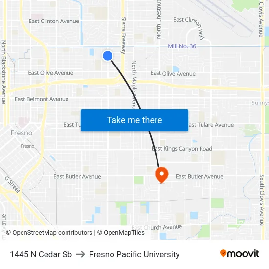 1445 N Cedar Sb to Fresno Pacific University map