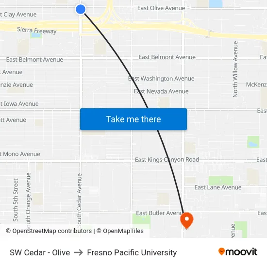 SW Cedar - Olive to Fresno Pacific University map