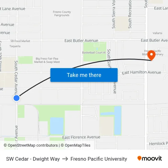 SW Cedar - Dwight Way to Fresno Pacific University map