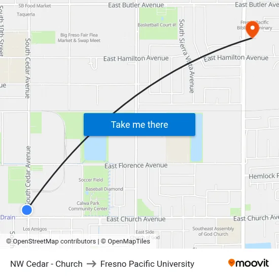 NW Cedar - Church to Fresno Pacific University map