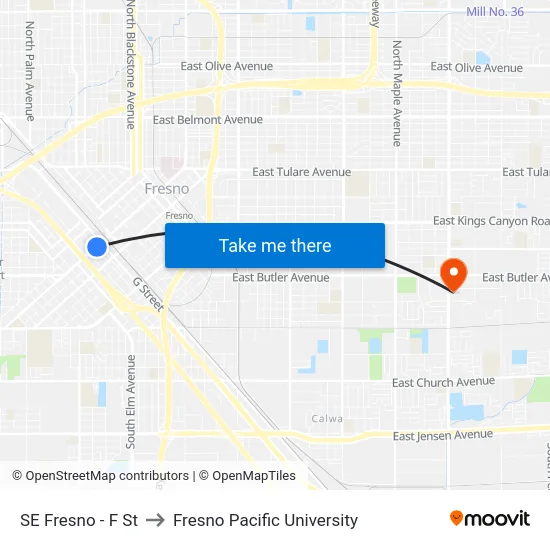 SE Fresno - F St to Fresno Pacific University map