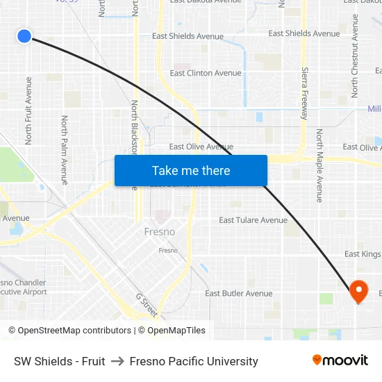 SW Shields - Fruit to Fresno Pacific University map