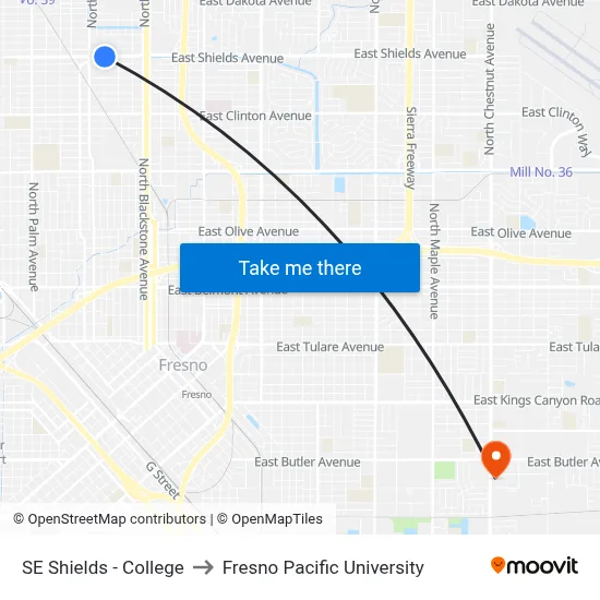 SE Shields - College to Fresno Pacific University map