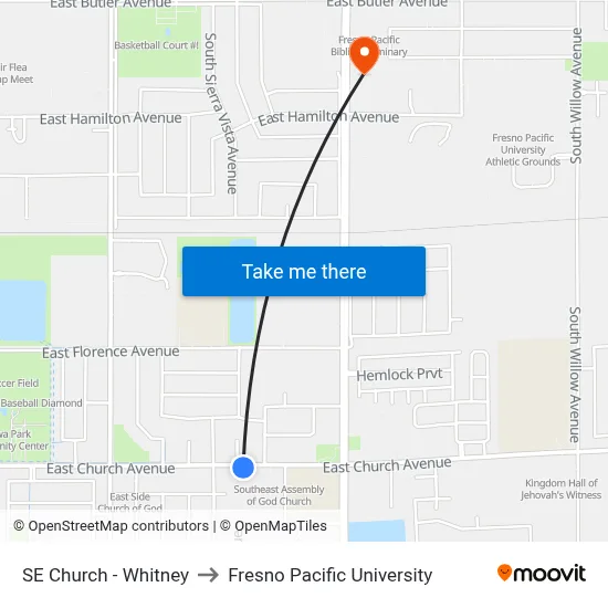 SE Church - Whitney to Fresno Pacific University map